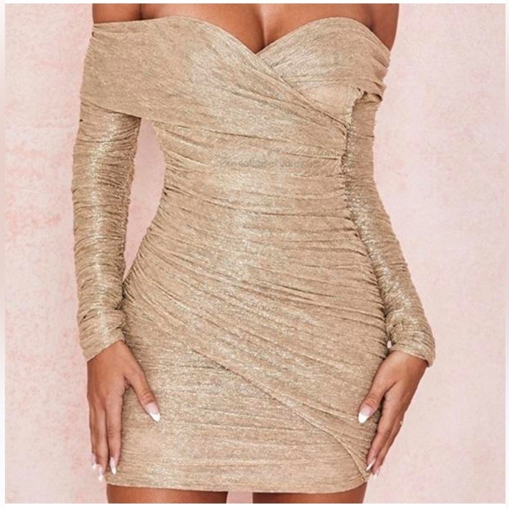 House of CB Gold Ruched Off-Shoulder Dress XS